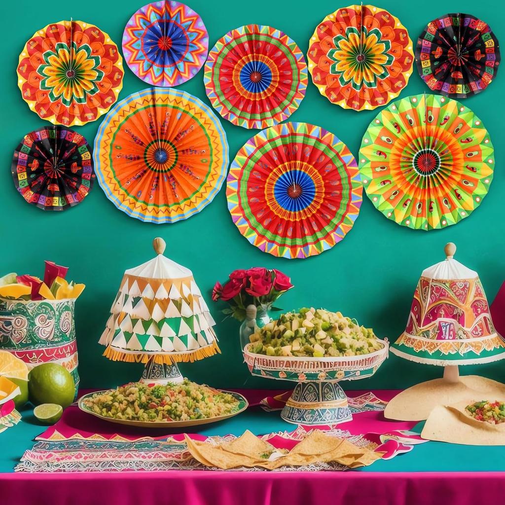 Outus 9 Pcs Mexican Fiesta Hanging Paper Fans Decorations Fiesta Party Supplies Cinco De Mayo Ceiling Wall Decor for Taco Tuesday Event Decor Luau