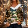 Women's Long Sleeve Christmas Print V Neck Top with Plush Collar for Holiday