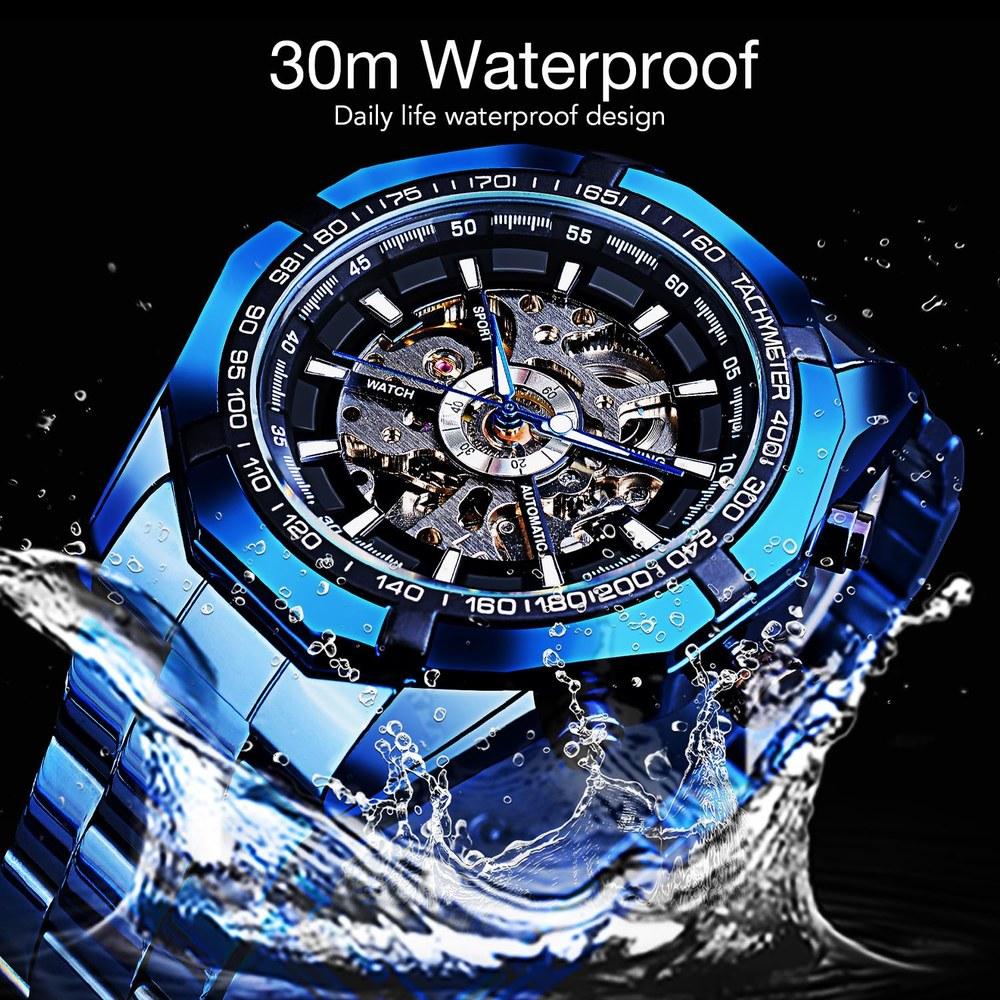 Forsining Men's Automatic Skeleton Watch Hollow Mechanical Luxury Blue Black Stainless Steel Waterproof Modern Wristwatch