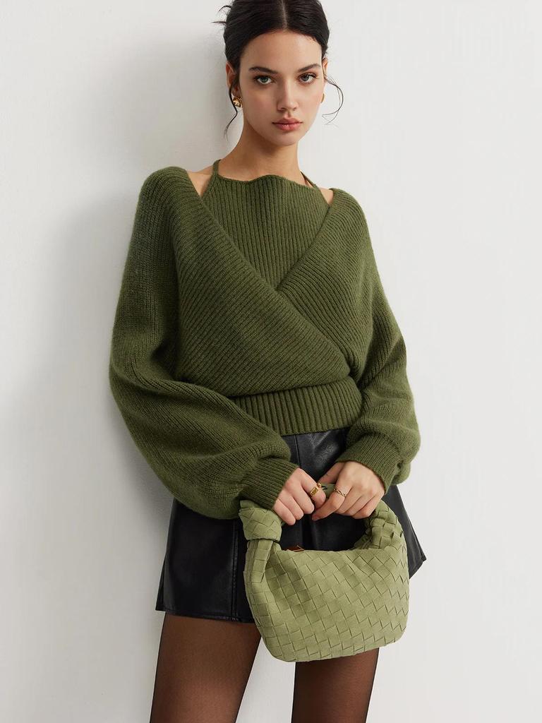 2025 Autumn/Winter V-neck European-American Designer Two-piece Look Knit Sweater with Subtle Sexy Design