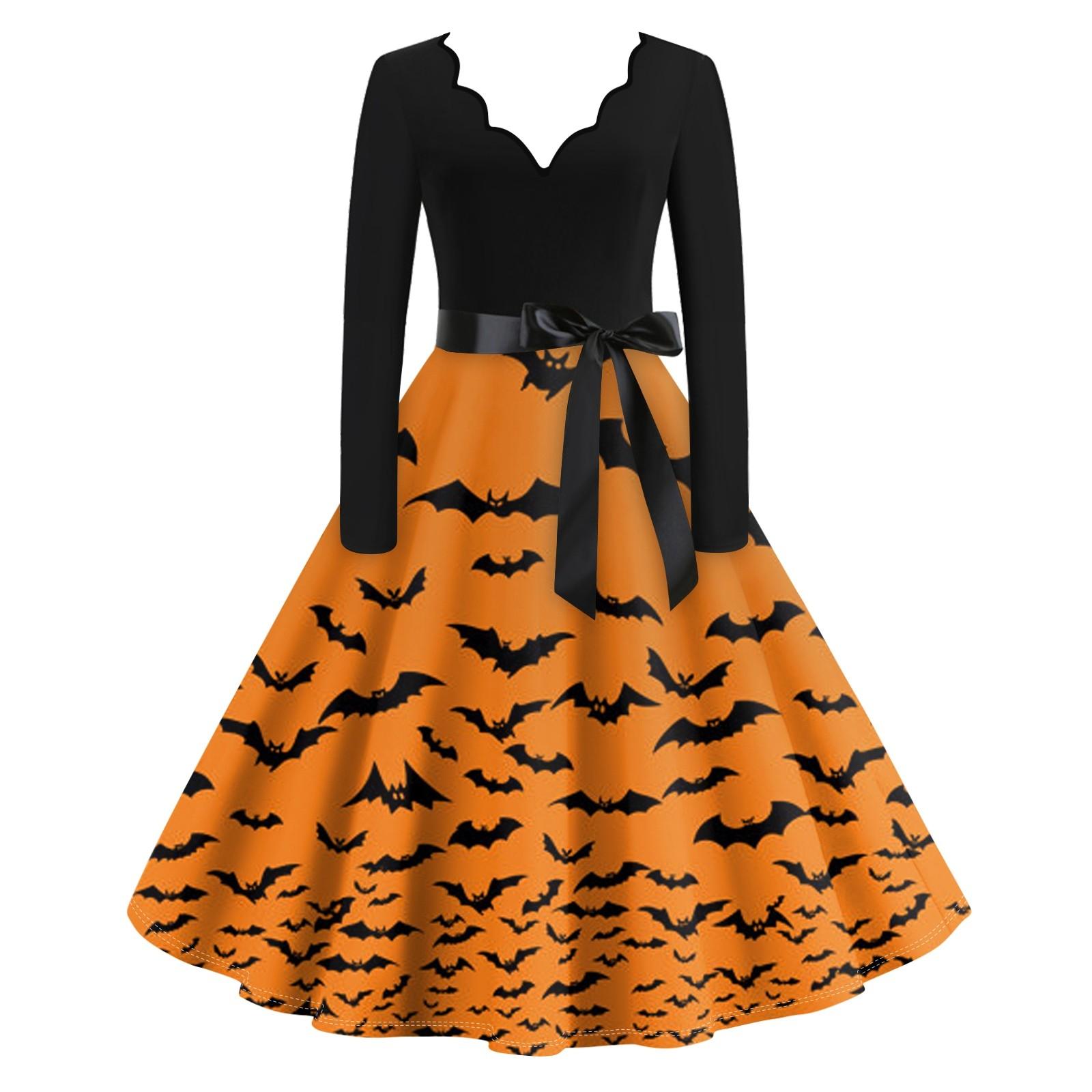 

Расклешенное платье с принтом Хэллоуина для женщин Платье с длинным рукавом Повседневные платья M