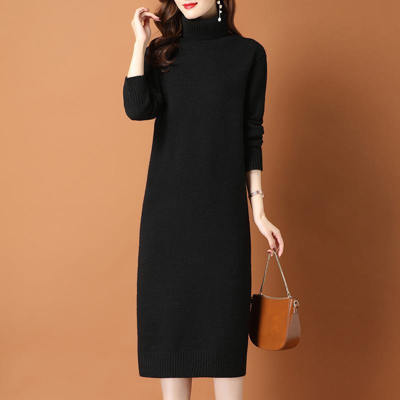 Turtleneck Sweater Dress for Women Solid Color Mid-length Knee-length Knitted Sweater Loose Long-sleeved Pullover Autumn and Winter