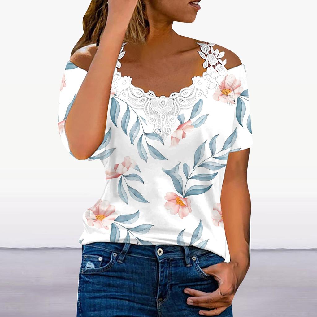 Top da donna con scollo a V e patchwork di pizzo, maglietta a maniche corte stampata, top tunica
