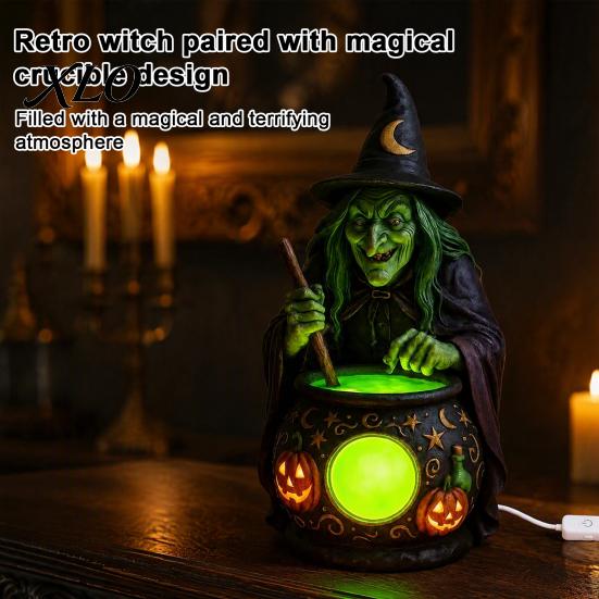 Halloweenowa Statuetka Kociołka Czarownicy ze Świecącym Kociołkiem, Zasilana przez USB Żywica Czarna Kreatywny Prezent dla Przyjaciół Figurka Garnka Zielona/Fioletowa LED