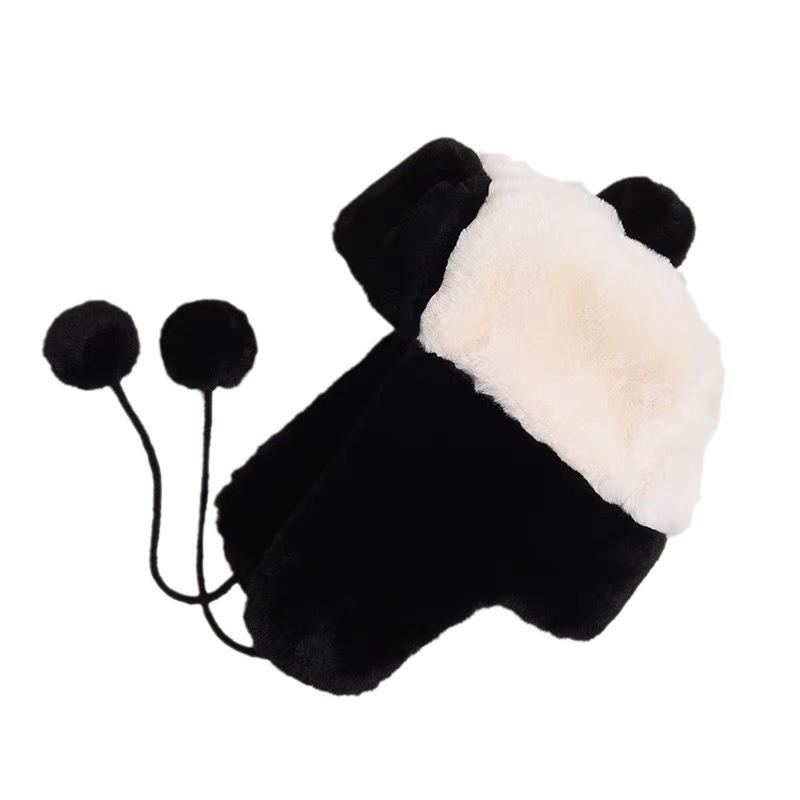 Cute Black And White Panda Lei Feng Hat Women'S Autumn And Winter Warm Hooded Three Piece Set Plush Ear Protection Hat