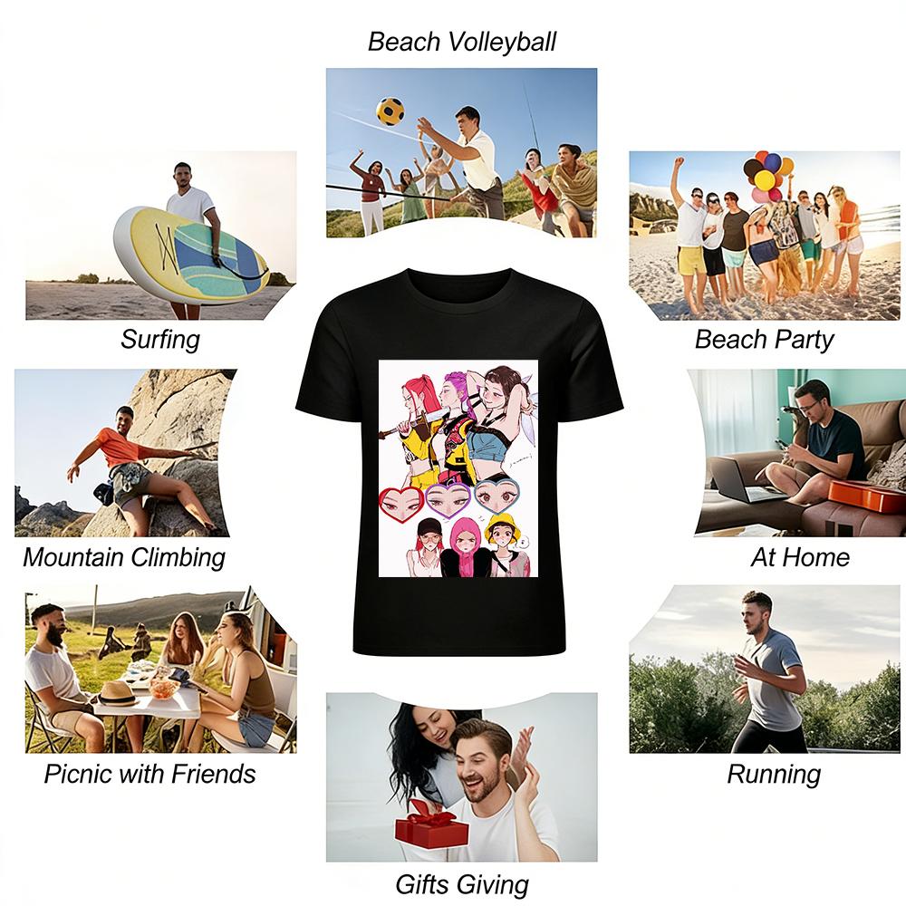 Game Girl Group Print T-shirt Trendy Anime Character Loose Casual Unisex Daily Top Pure Cotton T-shirt