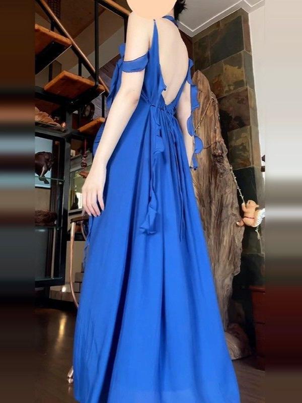 Elegant Blue Spaghetti Strap Halter Neck Maxi Dress for Women - 2026 Summer Resort Collection, Sanya