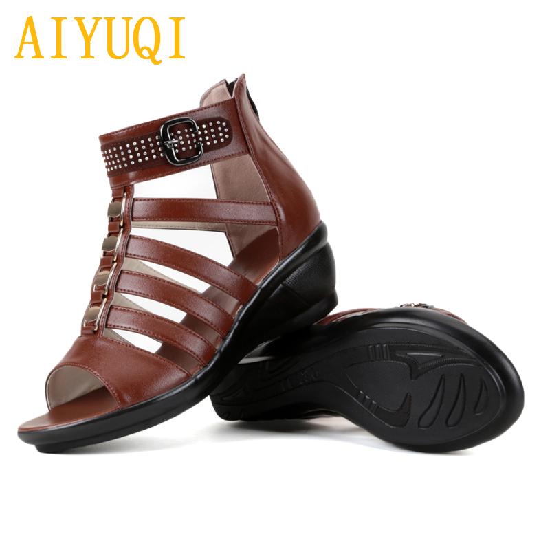 AIYUQI Women Sandals Summer Women Genuine Leather Sandals Rhinestones Roman Sandals Ladies Mother