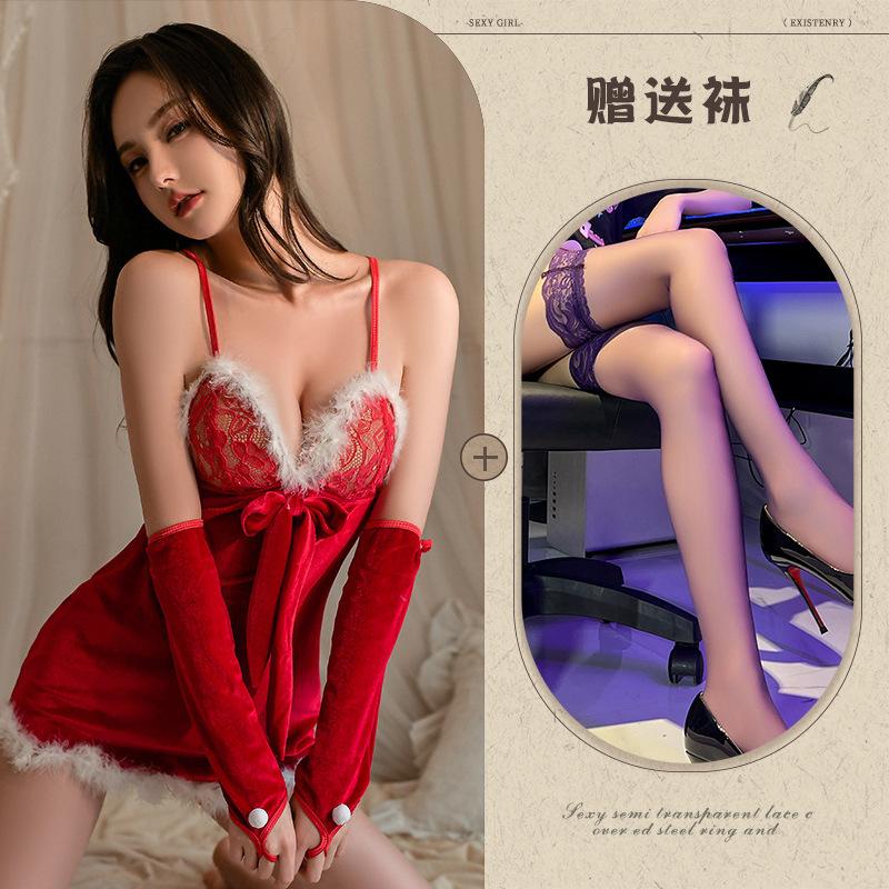 Sex underwear women's sexy plush suspender short skirt Christmas dress free