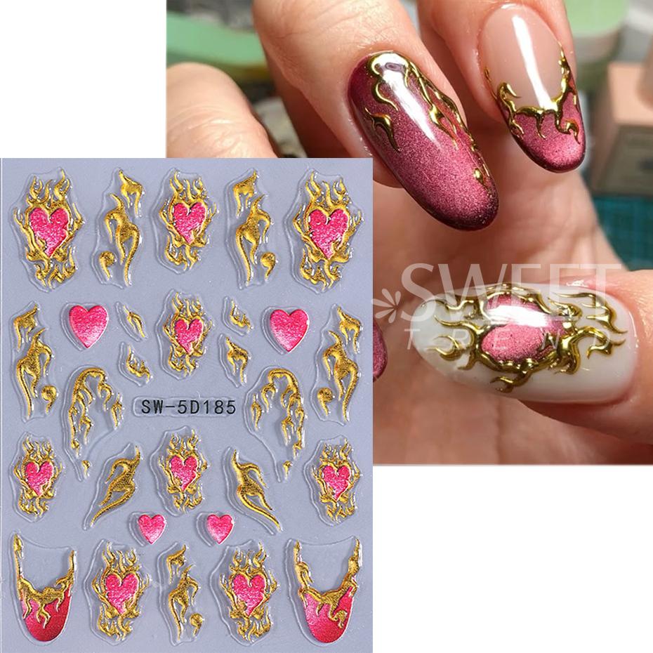 5D Crystal Lily Embossed Nail Sticker Colorful Petal Gold Line Frame Bow Slider Decal DIY Manicure Decor Accessories Tools