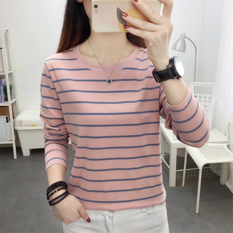 Autumn Spring Women's Plus Size Long-Sleeve Striped Cotton T-Shirt Striped Base Shirt for Outerwear