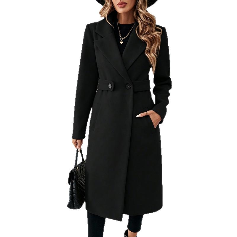 2026 Autumn and Winter New Temperament Extended Slim Jacket European and American Women's Lapel Double-breasted Woolen Coat