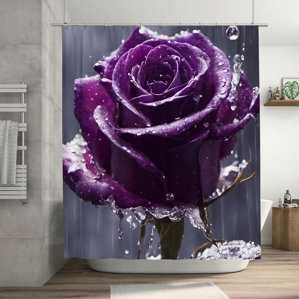 Delightful Raindrops Shower Curtain Purple Rose Design For Modern Bathrooms Decor 3D Printed Fabric Waterproof Bathroom Accessor