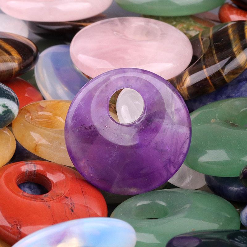 1pc 30mm Natural Stone Big Hole Beads Flat Round Pink Quartz Agate Crystal Bead For DIY Lucky Necklace Jewelry Making