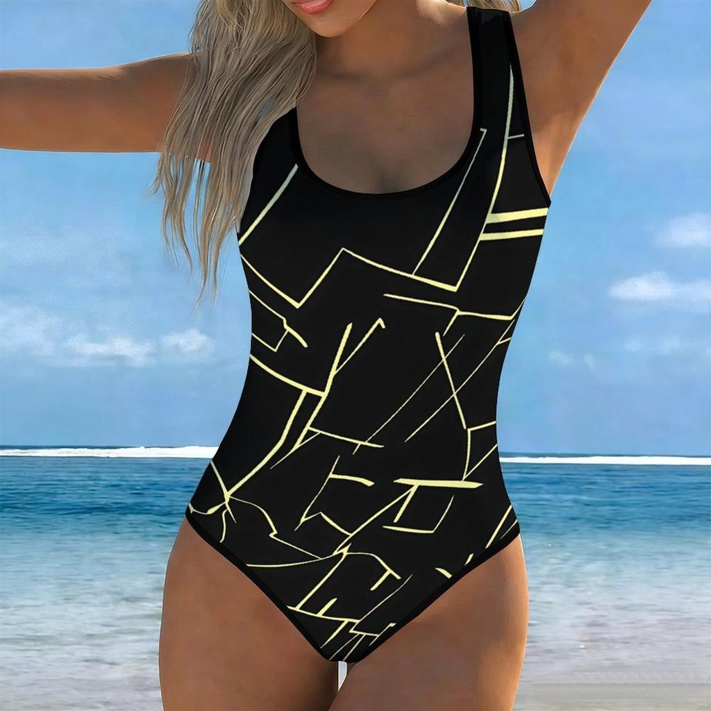 Summer Sexy  Stripe  Printed One-piece Swimsuit Slim Fit , Deep U-back Design, Beach Pool Vacation Eye-catching Fashion Swimsuit