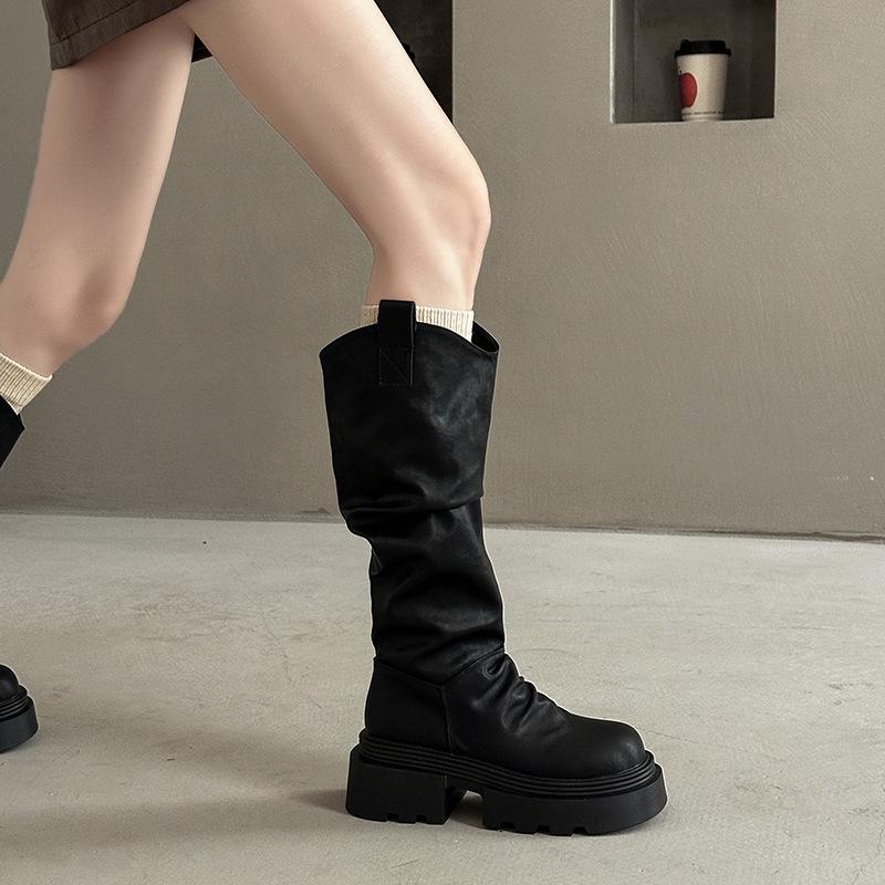 Fashion retro British style thick heel platform boots women's 2025 autumn and winter new Maillard skirt knight boots