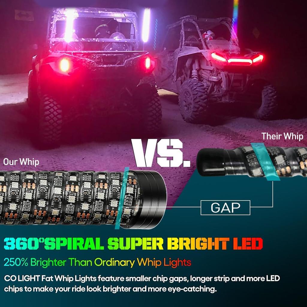 RGB LED Whip Light Chasing Whip Lights 10 Speed Settings 366 Modes App Remote Control for UTV Off Road Sand Truck Boat
