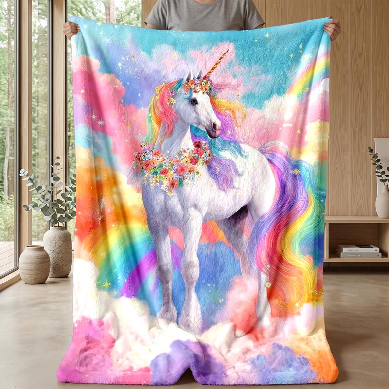 Rainbow unicorn with flowers Theme blanket Lightweight Warm Flannel Blanket Decorative Throw Blanket for Home Decoration