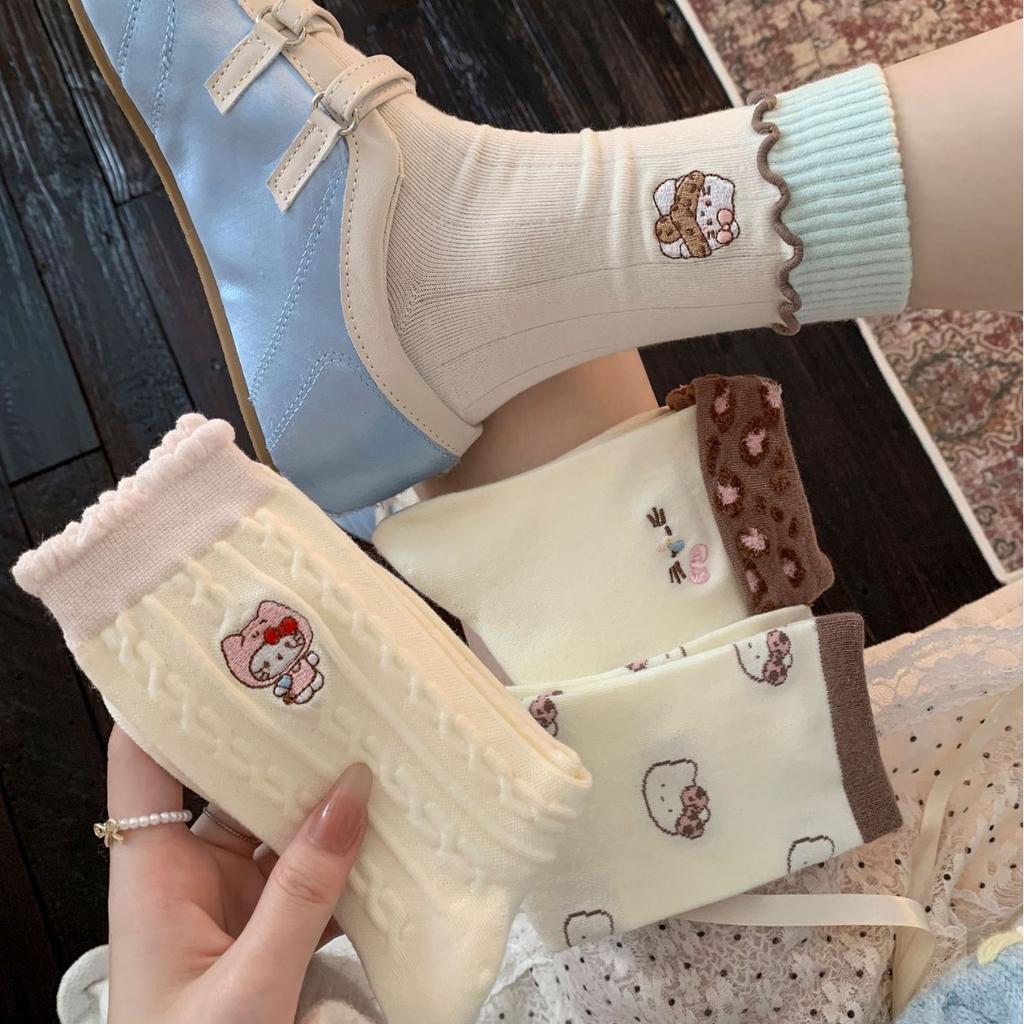 White Lace Pile Socks Girls Cute Kitty Kitty Kitty Mid-Leg Socks Trendy Spring And Autumn Pure Cotton Stockings