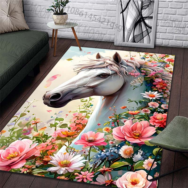 1PC Horse with blooming floral garland Carpet for Living Room Bedroom Sofa Home Decor Rus Non-slip Floor Mat Luxury Gift