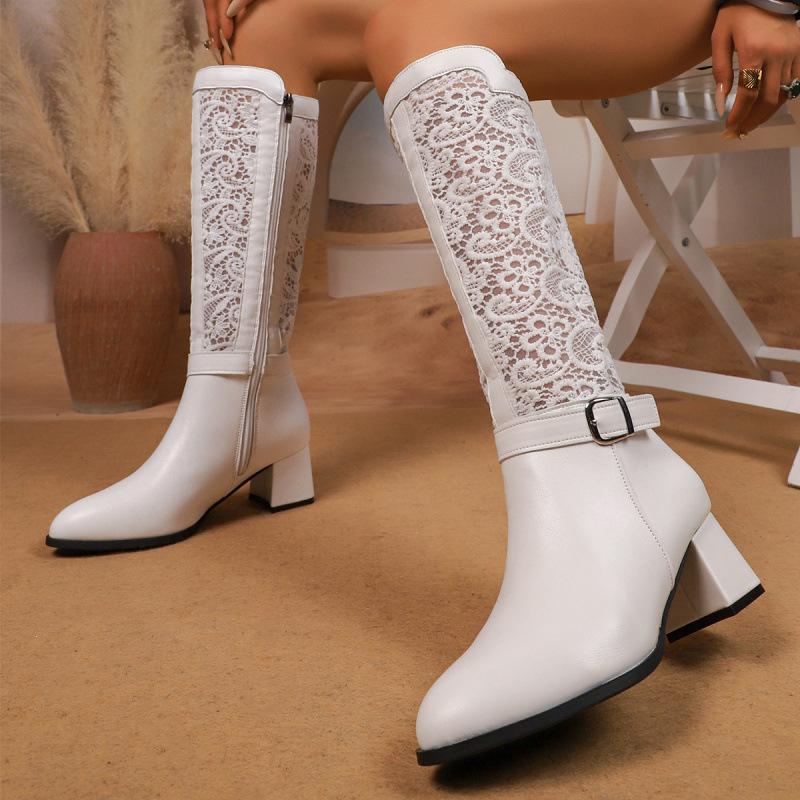 Autumn and winter ebay high-heeled lace mesh large-size round-head breathable high boots