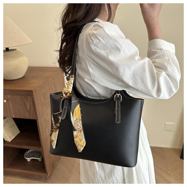Chic Silk Scarf Handle Tote Bag for Women Stylish Bucket Shoulder Handbag