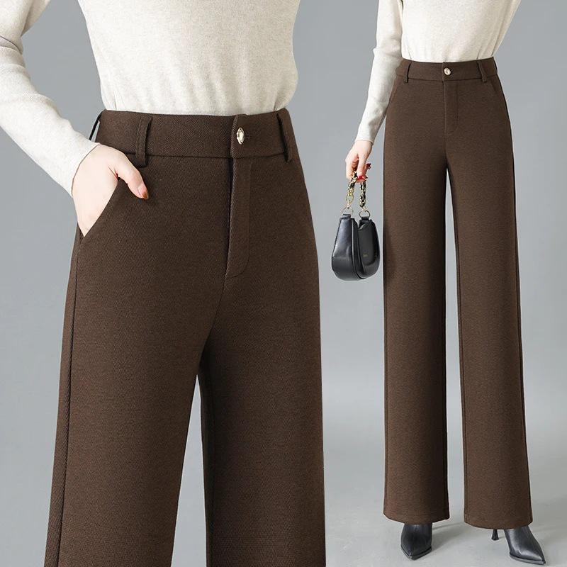 Merino Wool High-Waist Herringbone Slimming Pants - Fleece-Lined Straight & Wide Leg for Autumn/Winter 2024