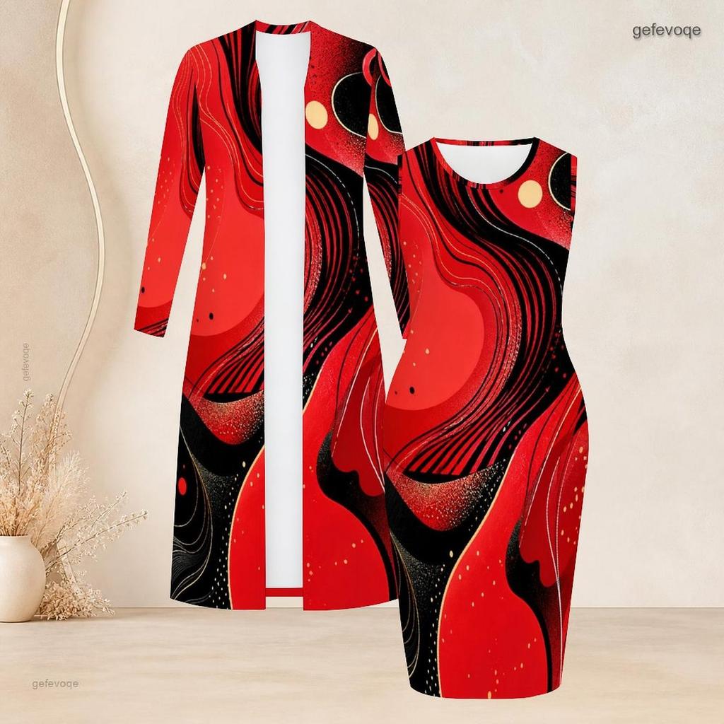 Women Plus Size Two Piece Set Long Sleeve Long Open Front Cardigan Sleeveless Printed Bodycon Dress