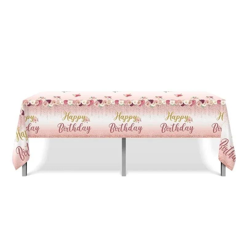 Rose Gold Birthday Tablecloth Pink Rose Flower Gold Happy Birthday Table Cover Happy Girls Princess Birthday Party Supplies