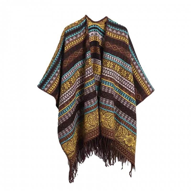 Ethnic Style Tassel Shawl: Xinjiang Tibet Yunnan Lijiang Travel Jacquard Outerwear Warm Striped Cape