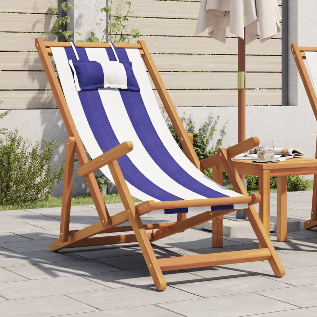 Folding Beach Chair Blue & White Solid Eucalyptus Wood and Fabric
