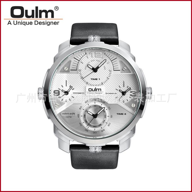 Oulm New Watch Men's Large Dial, Multi-time Zone Multi-movement, Waterproof Quartz Watch, Genuine Leather Watch