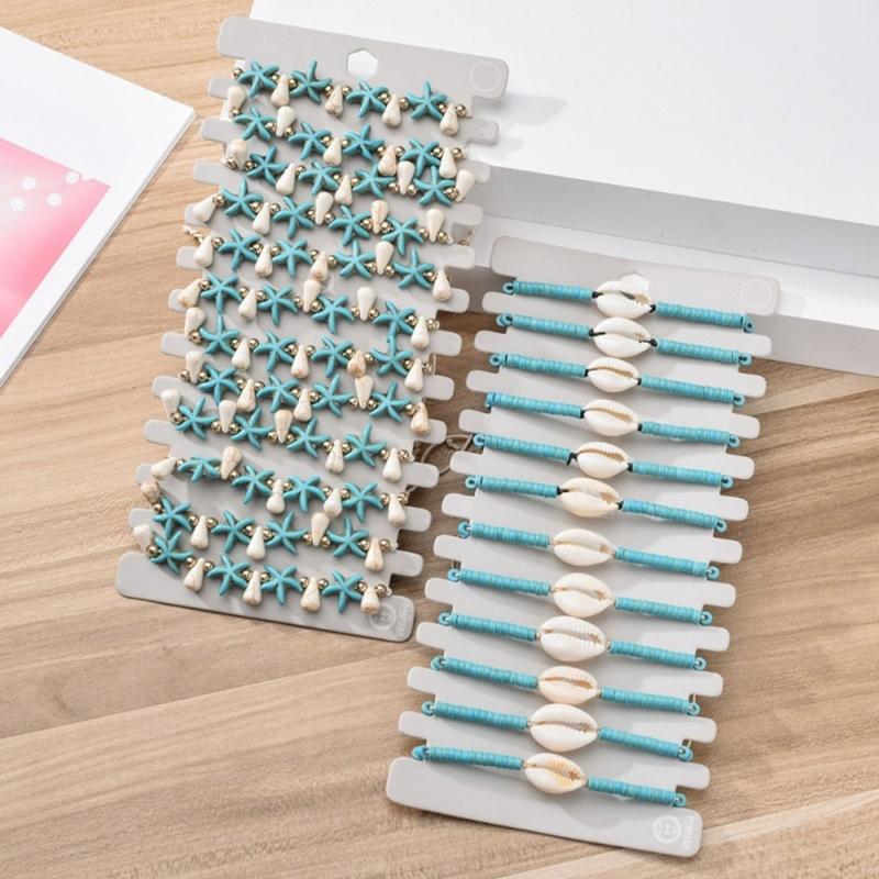 12pcs/lot Bohemian Shell Charm Braided Bracelet For Women Child Wood Bead Adjustable Rope Chain Anklet Jewelry