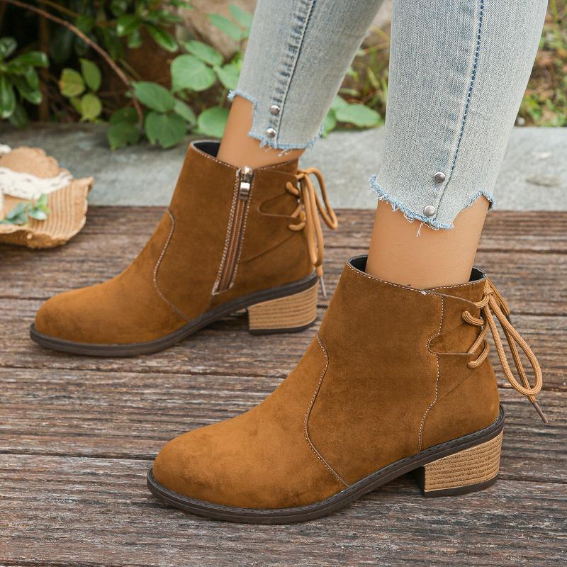 Fashion 2025 Winter Pointed Toe Women Ankle Boots Suede Mid Heels Lace Up Shoes Trend Designer Chunky Pumps Goth Chelsea Botas De Mujer