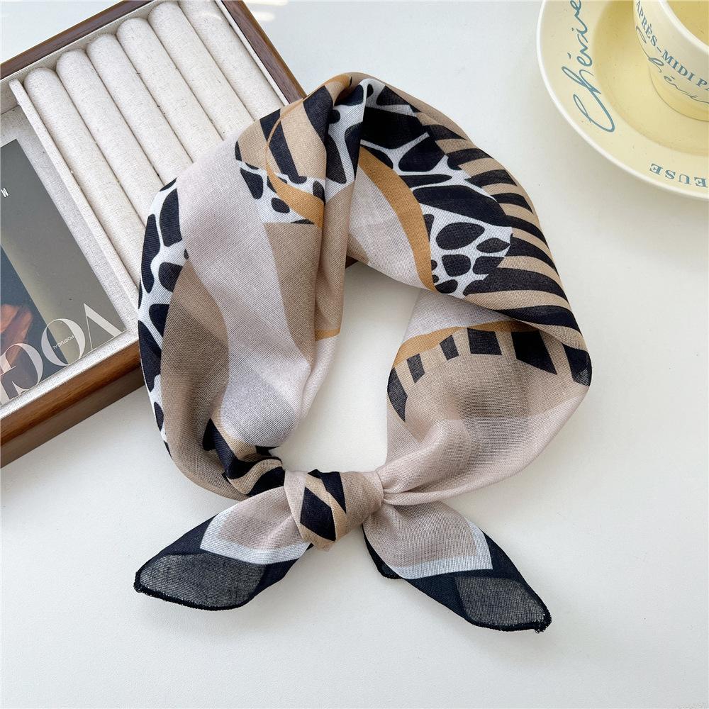 55 Leopard Print Cotton And Linen Silk Scarf Women'S Small Square Scarf Neck Protection Headscarf Decorative Scarf Fashionable Foreign Style Scarf