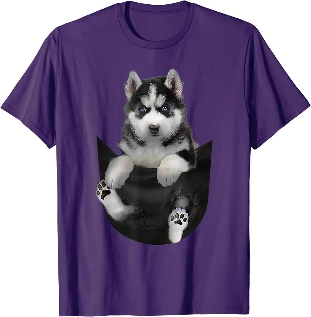 Puppy In Pocket Funny Design Husky Dog Lover Gift TShirt Short Sleeve Casual 100 Cotton ONeck Summer Mens Tshirt Size S3XL