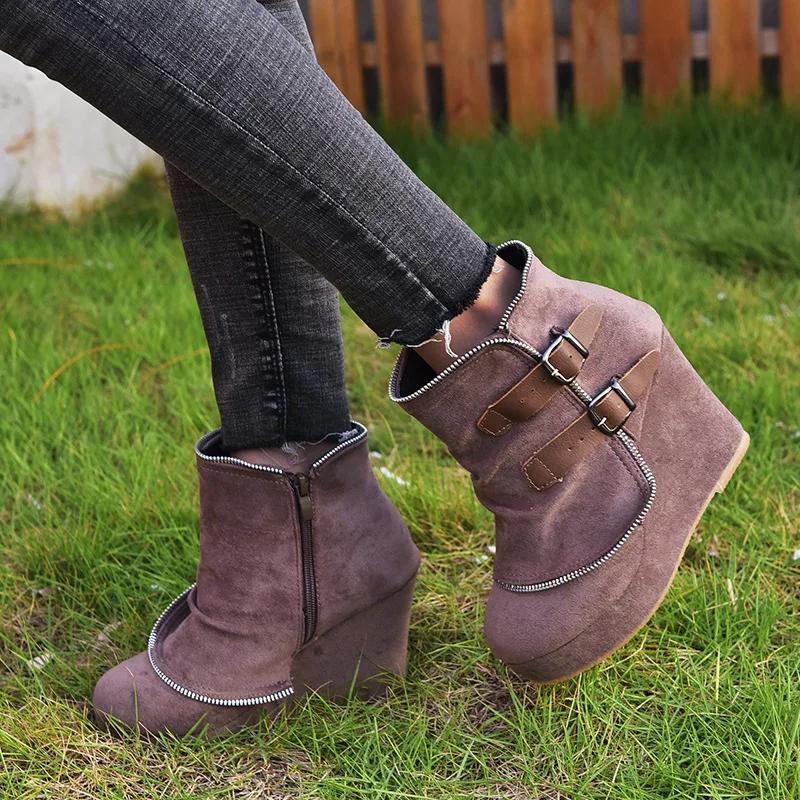 2025 Modern High-heel Boots for Women Ankle Wedges Suede Ladies Shoes Splicing Fake Zip Belt Buckle Height Increasing Daily Wear