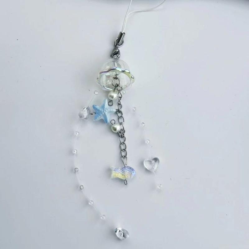 Elegant Jellyfish Inspired Phone Charm Portable Keychain with Crystal Star and Pearls Accents for Phone Accessorizing
