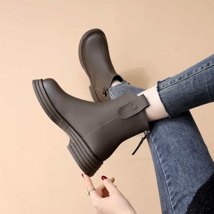 Female Short Shoes Platform Women's Ankle Boots Chelsea Brown Booties Round Toe Leather Chunky Boots
