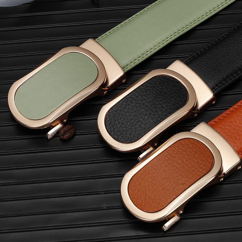 High Quality Leather Belt Yellow Cowhide Red Automatic Buckle Belt Blue White Trouser Belt