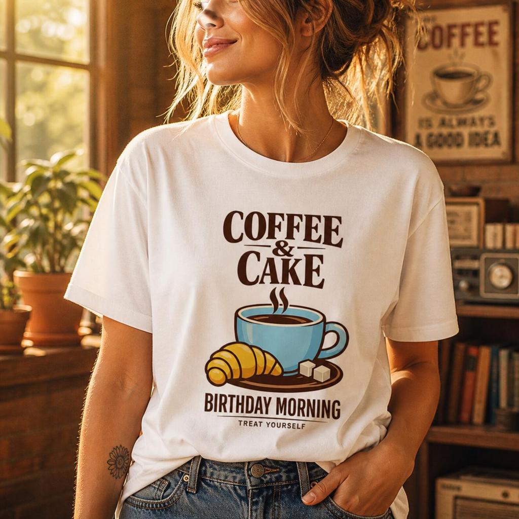 Coffee Cake Shirt, Birthday Morning Graphic Tee, Coffee Lover Bakery Gift