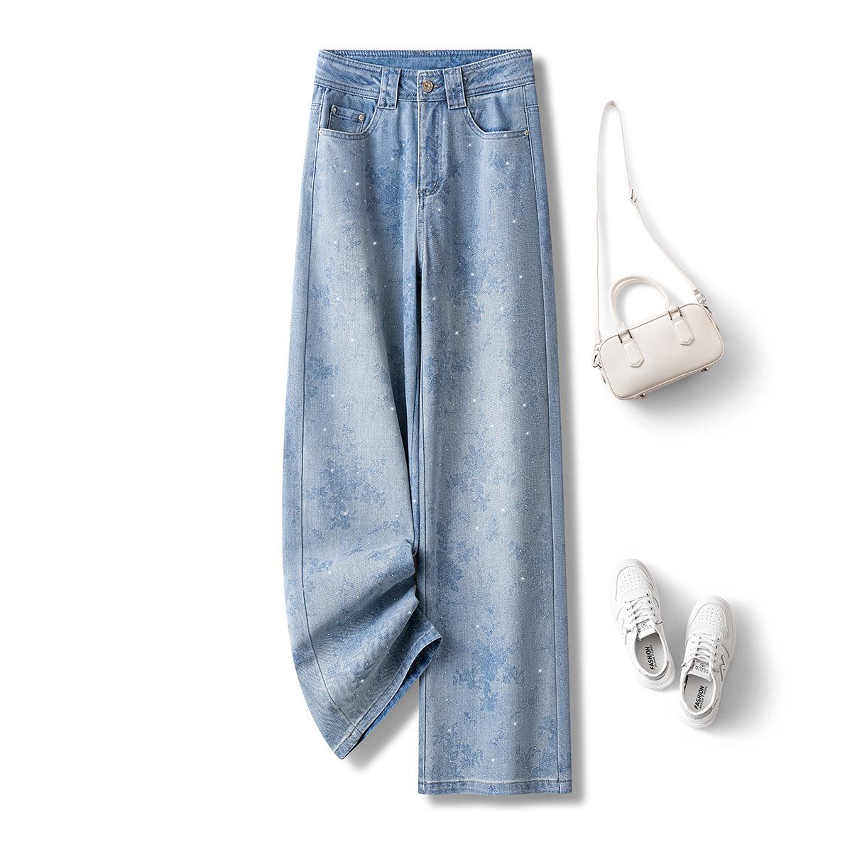 

Women s Rhinestone Denim Wide-Leg Pants 2025 - Loose, Fashionable, Straight-Leg Design for Spring/Summer 30 джинсовый синий