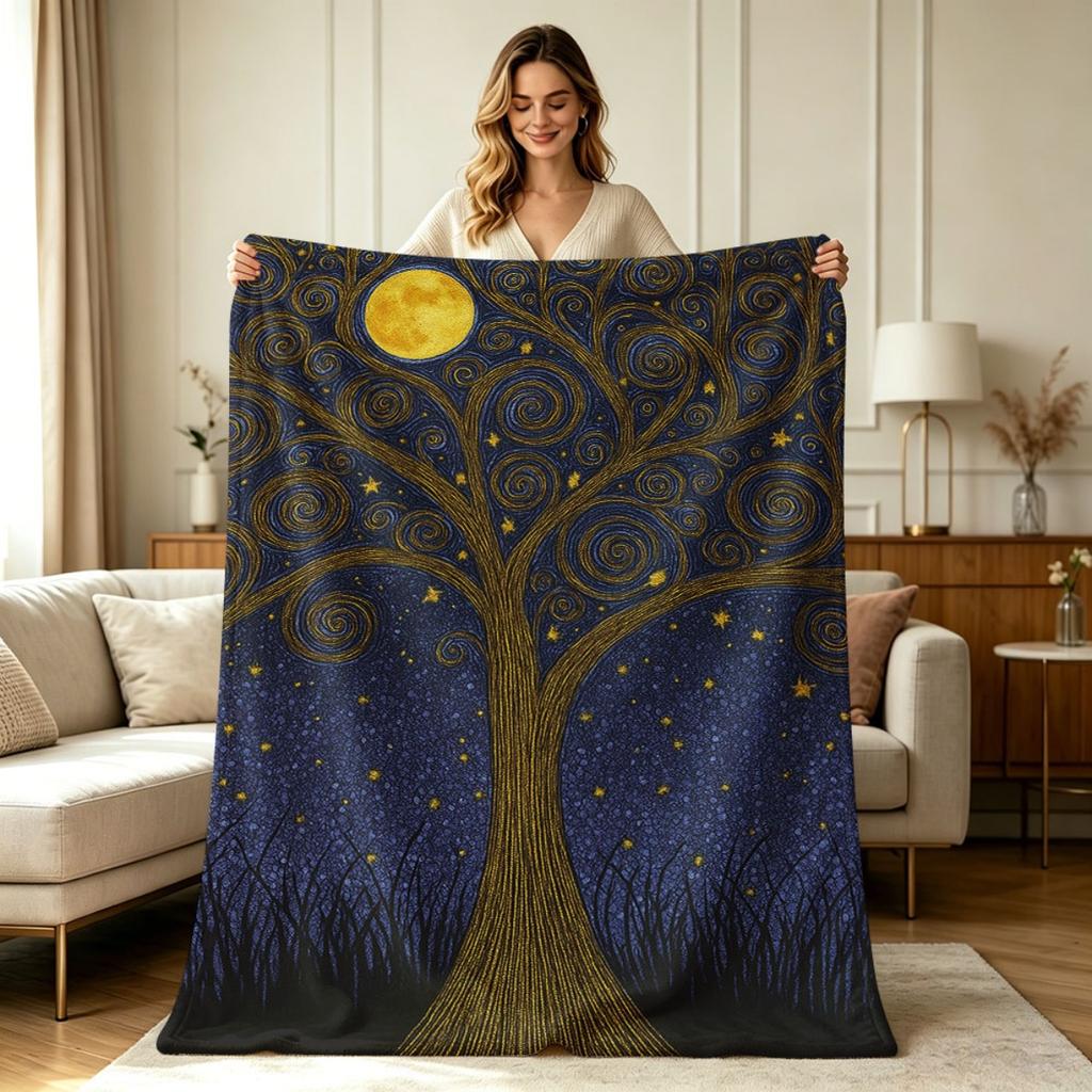 All Season Flannel Blanket with Starry Night Tree Moon Swirl Print Soft Warm Throw Blanket for Couch Sofa Living Room Bedroom Office Home Decor