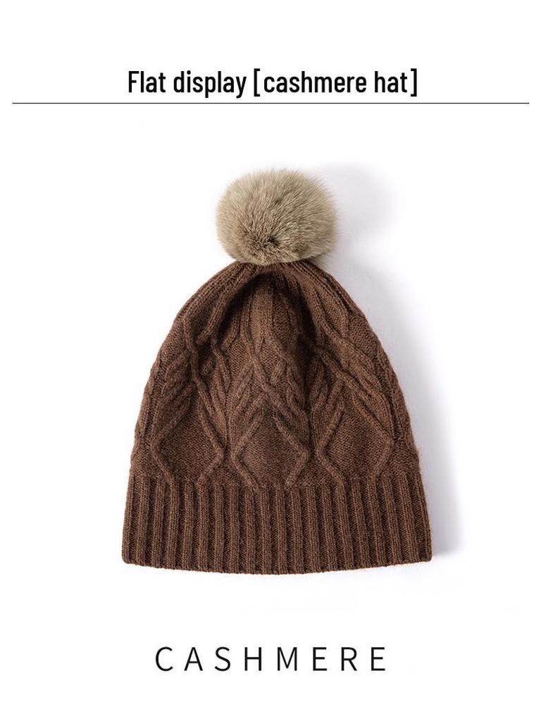 Cashmere Hat with Detachable Fox Fur Pompom, Cable Knit, Warm Ear Protection, Street Style for Autumn & Winter