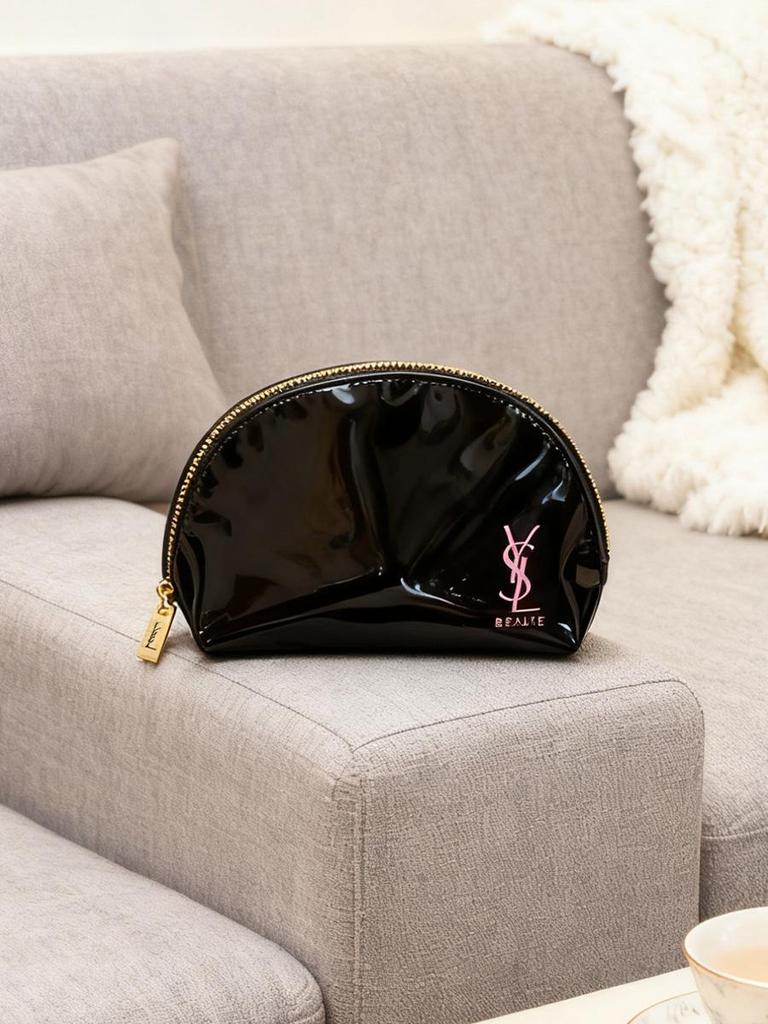 YSL Black PU Shell Makeup Bag - High-Gloss Large Capacity Clutch & Toiletry Case Christmas