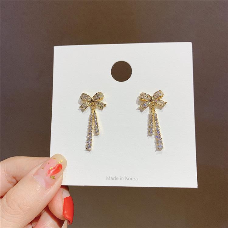 French Bow Full Diamond Tassel Earrings Sweet Earrings Make Your Face Look Thin