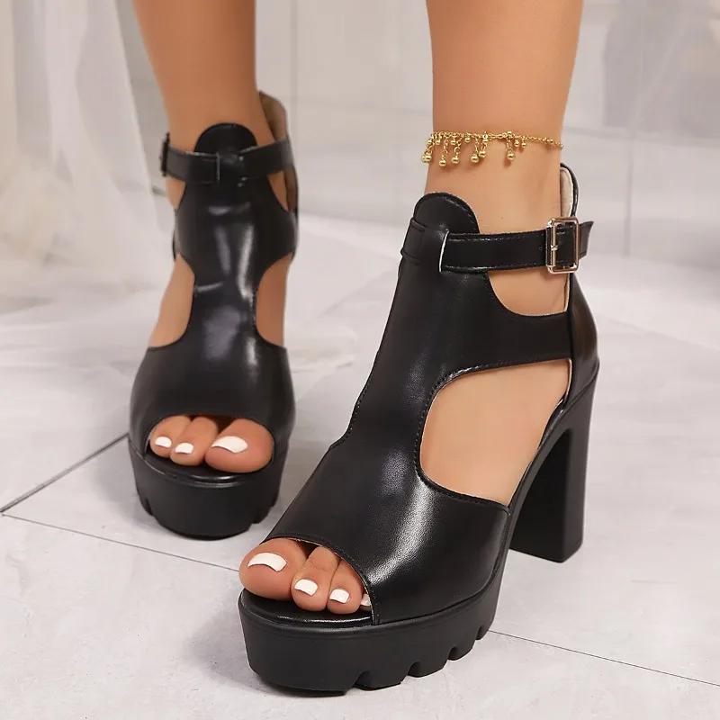 Fashion Women's Shoes 2025 New Peep Toe Women's Sandals Fashion Cover Heel Zip Office and Career Summer Plus Size Heeled Sandals Zapatos