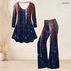 Women Plus Size Round Neck Three Quarter Sleeve Printed Red White Blue Flared Top And Flared Pants Set