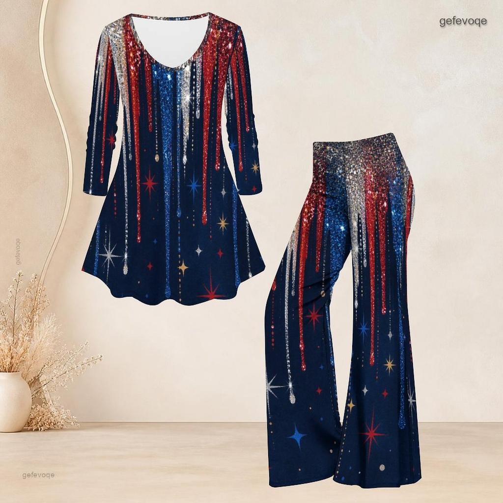 Women Plus Size Round Neck Three Quarter Sleeve Printed Red White Blue Flared Top And Flared Pants Set
