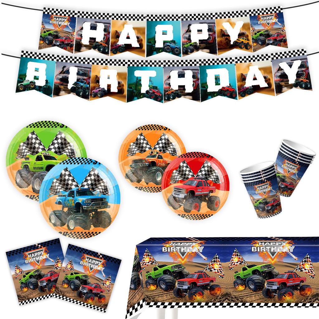Monster Truck Theme Party Supplies Suv Party Decoration Banner Tableware Tablecloth Tissue Arrangement